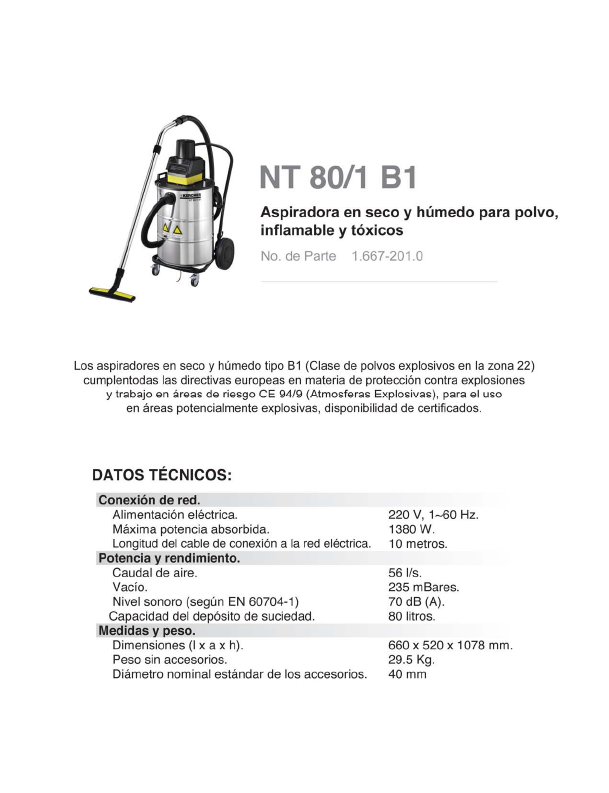 Aspiradora en seco y húmedo para polvo, inflamable y tóxicos